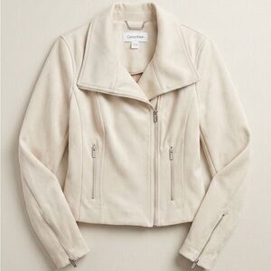 Calvin Klein Light Cream Suede Zip-Front Moto Jacket
